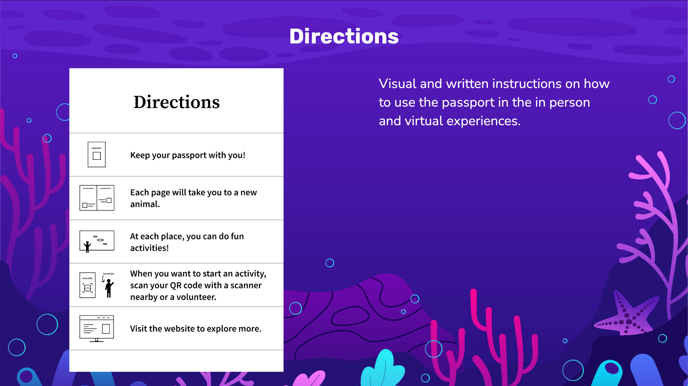 Passport directions. Visual and written instructions on how to use the passport in the in person and virtual expereinces.