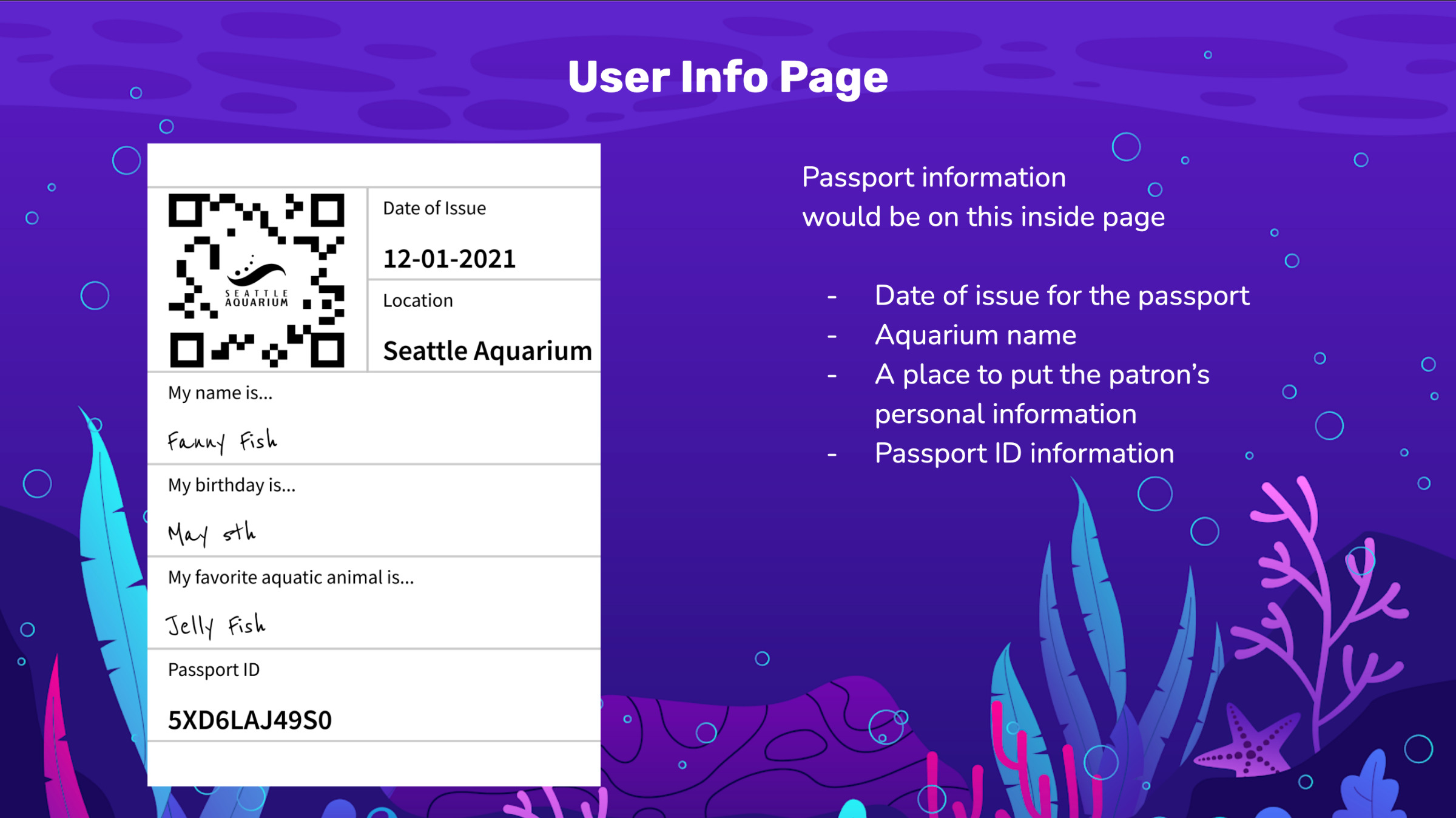 Passport owner information: date of issue, aquarium name, owner's personal information, passport ID information.